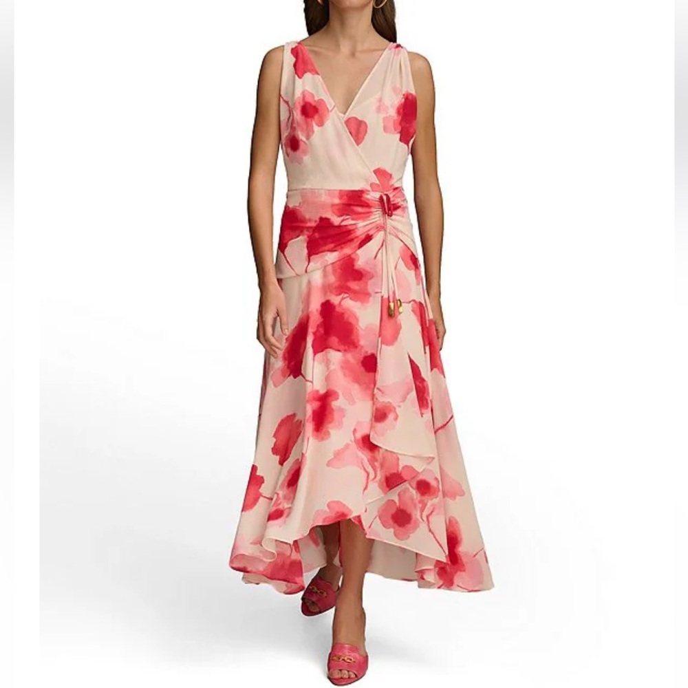 Donna Karan Pink and Red Floral Midi Dress